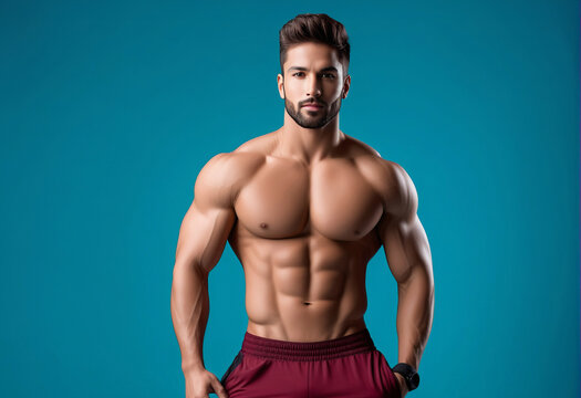 Muscled male fitness model showcasing strength and physique against a teal background, ideal for health and wellness, sports apparel concepts