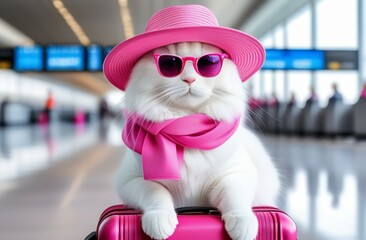 Glamorous white cat in sunglasses, pink hat and pink scarf sits next to pink suitcase at airport concept of traveling with pets, weekend vacation, pet hotel, tour sales, summer holidays, plane travel
