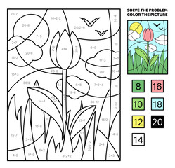 Solve the problem, color the picture. Spring landscape with pink tulip. Coloring book. Vector