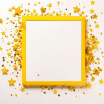 yellow stars frame border with blank space in the middle on white background festive concept celebrations backdrop with copy space for text photo or presentation
