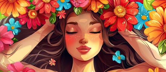 A beautiful art piece showcasing a woman with flowers adorning her hair. The vibrant petals create a happy and serene atmosphere, blending nature and beauty