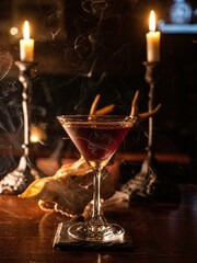 Vertical shot of a cocktail with lit candles in the background.