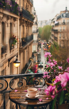 A parisian balcony with a wooden table and a coffee, street view