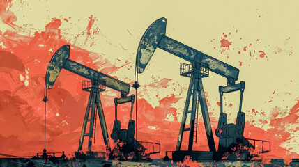 Stylized illustration of oil pumps with splattered ink, contrasting industrial and artistic themes