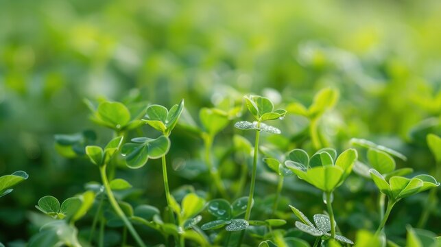 Young Alfalfa Growing in the Spring Field for Forage. Lucerne Sativa Plant with Green Foliage on Natural Background 