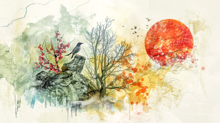 Artistic nature scene with bird and sunset