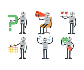 humanoid robot characters in various poses vector set