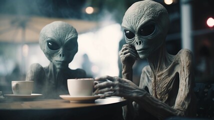 AI generated illustration of two gray aliens sitting in a cafe drinking coffee