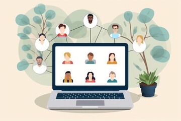 A minimalist depiction of a remote learning community, featuring a group of individuals engaged in collaborative online discussions and group projects.