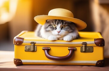 Kitty in straw hat lies on yellow vintage suitcase, concept of traveling with pets, weekend vacation, pet hotel, tour sale, summer holidays - obrazy, fototapety, plakaty