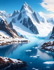 AI generated illustration of a snow-covered mountain range against a lake