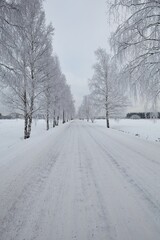 The snow has been plowed from the road in cold cloudy winter weather, Haltiala, Helsinki, Finland.