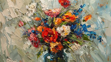 Bold oil paints applied with palette knives, creating a textured and dynamic floral still life composition.