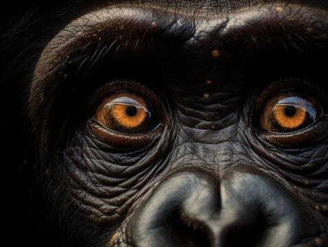 AI generated illustration of a gorilla with glowing eyes in a natural habitat looking at the camera