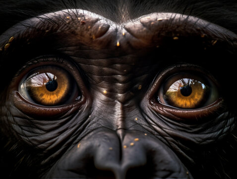 AI generated illustration of a gorilla with glowing eyes in a natural habitat looking at the camera