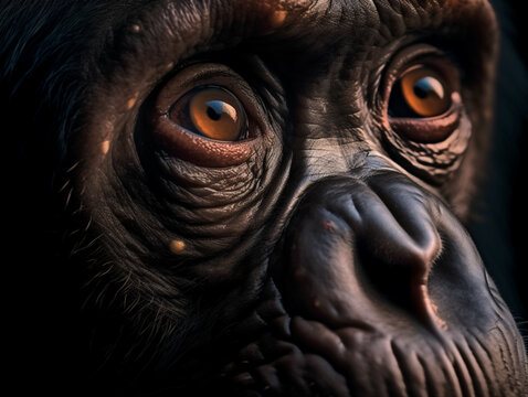 AI generated illustration of a gorilla with glowing eyes in a natural habitat looking at the camera