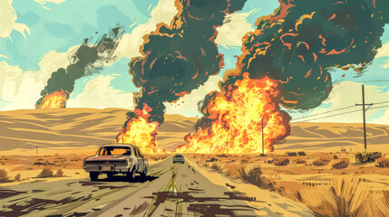 Apocalyptic road with explosions and car