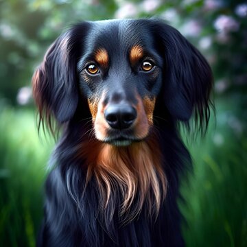 AI generated illustration of a black Hovawart dog sitting in a green garden