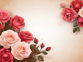 Pink roses on a white background with space for text. Top view. - 779562913