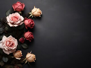 Beautiful roses on black background, flat lay. Space for text - 779562917