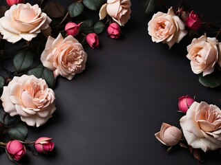 Beautiful roses on black background, flat lay. Space for text - 779562956