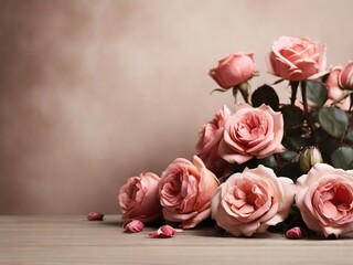 Bouquet of pink roses on a wooden background. Copy space. - 779562970