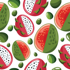 Easter seamless pattern with decorated eggs with dragon fruit, guava and green eggs for holiday poster, textile or packaging	