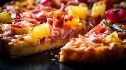 Pizza with ham and pineapple on a black background - obrazy, fototapety, plakaty