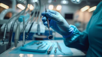 Closeup of Dental Tools Held by a Dentist in a Modern Dental Clinic