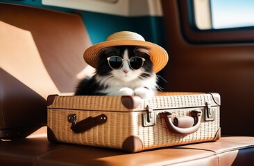 Cute kitty in hat sitting on vintage straw suitcase, pet travel concept, weekend vacation, pet hotel, tour sale, summer holidays - obrazy, fototapety, plakaty