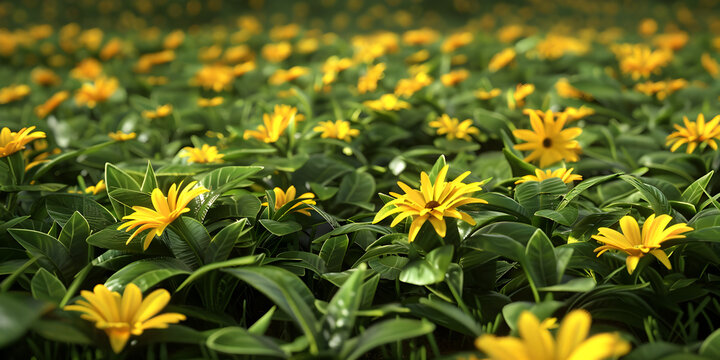 Vibrant Yellow Flowers Blooming in a Field of Green Leaves