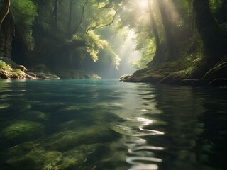 AI generated illustration of a serene cove with abundant foliage immersed in deep waters