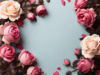 Flowers composition. Frame made of rose flowers on blue background. Flat lay, top view, copy space - 779563384