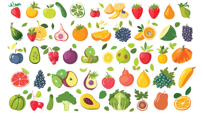Collection with different fruits and vegetables Flat