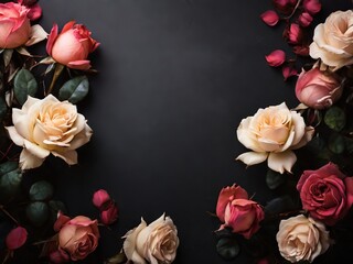 Flowers composition. Frame made of roses on black background. Flat lay, top view, copy space - 779563535