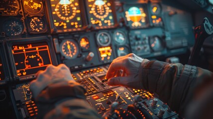 Pilot Adjusting Aircraft Control Panel in Cockpit During Flight

