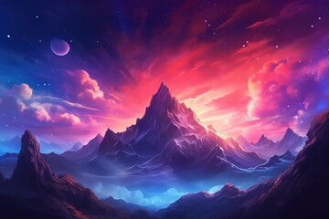 AI generated illustration of a stunning nighttime landscape of majestic mountains