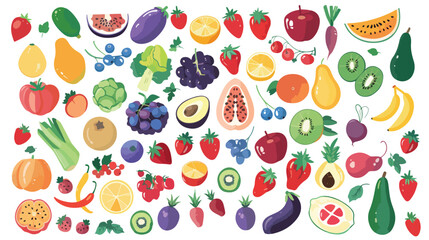 Color fruits berries and vegetables Flat vector isolated