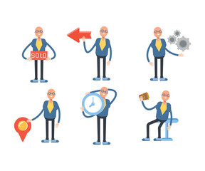 bald businessman characters set in various poses vector illustration