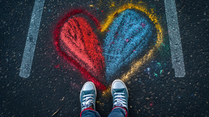 Colorful Chalk Heart on Pavement with Blue Sneakers