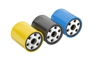 Three different automobile oil filters on transparent background