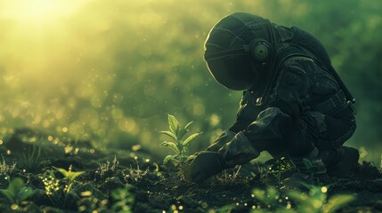 Closeup of Futuristic Soldier Inspecting Young Plant in Misty Field
