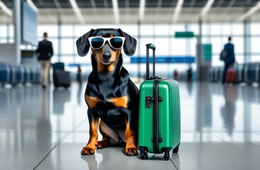 Black dog in sunglasses, sitting next to green suitcase at airport, concept of traveling with pets, weekend vacation, hotel for animals, selling tours, summer holidays, traveling by plane