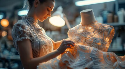 Fashion Designer Adjusting Embellished Gown on Mannequin in Studio