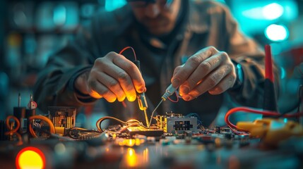 Technician Soldering Circuit Board Components in High-Tech Lab
