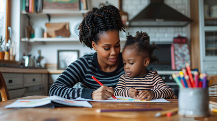 Learning Together: African American Mother Helping Her Daughter with Homework at Home - obrazy, fototapety, plakaty