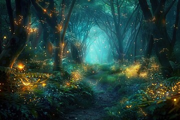 Obraz premium Mystical Path Through an Enchanted Forest Aglow with Magical Lights