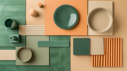 interior design moodboard - material collage,  green & beige, AI generated digital art