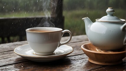 Obraz na płótnie Canvas A steaming cup of tea sits on a rustic wooden table next to a vintage teapot and a stack of books on a rainy afternoon. -