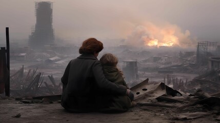 AI generated illustration of a mother and daughter look at a burning city during an apocalyptic war - obrazy, fototapety, plakaty
